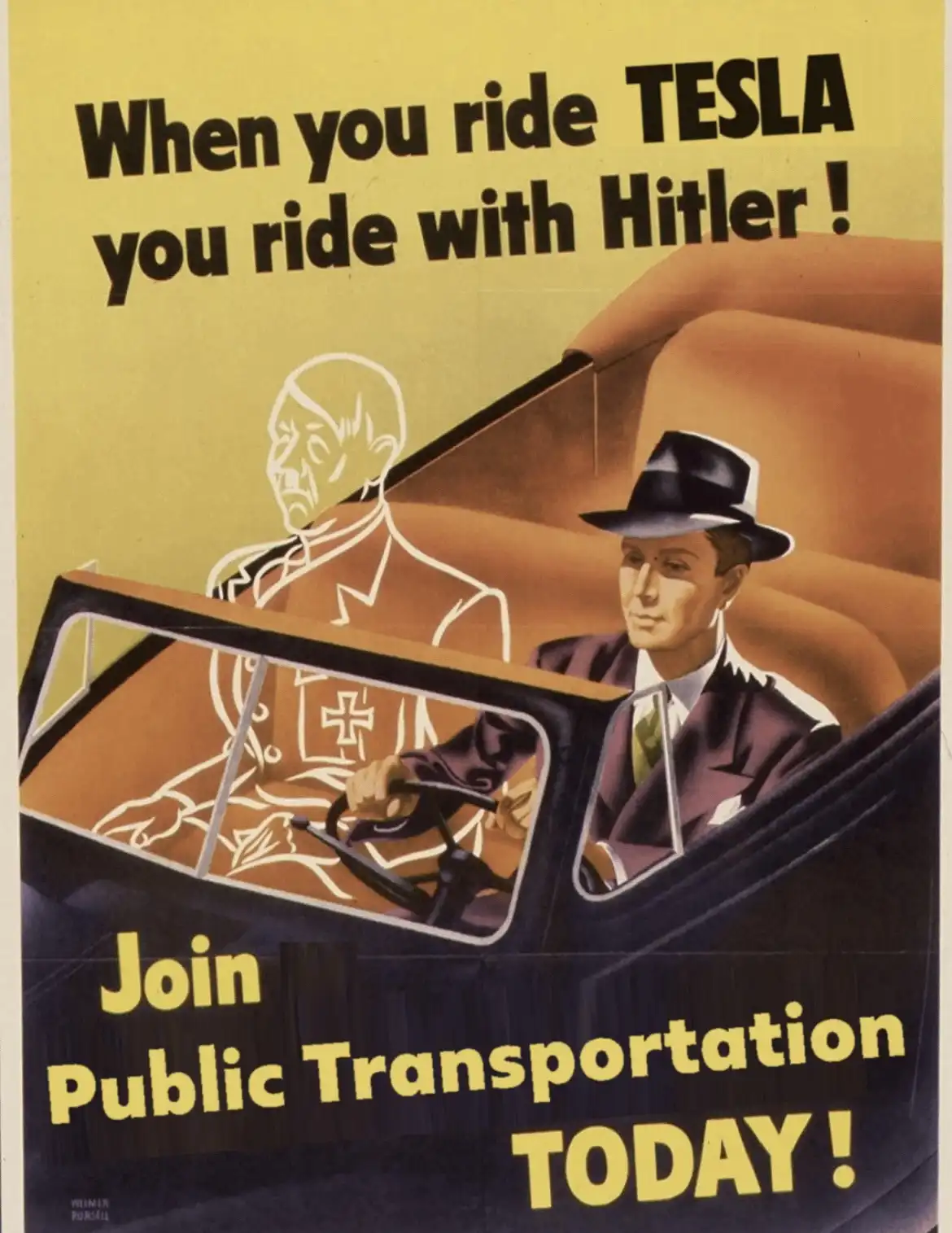 A vintage public transportation poster features a man in a suit and hat sitting in the passenger seat of a car, while a…