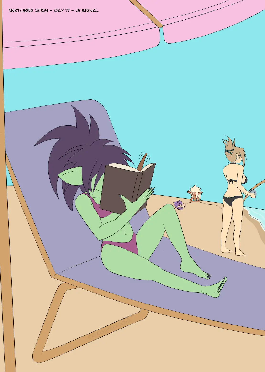 A green-skinned, purple-haired elf-like woman with pointed ears sits on a beach chair under a pink umbrella, engrossed in…