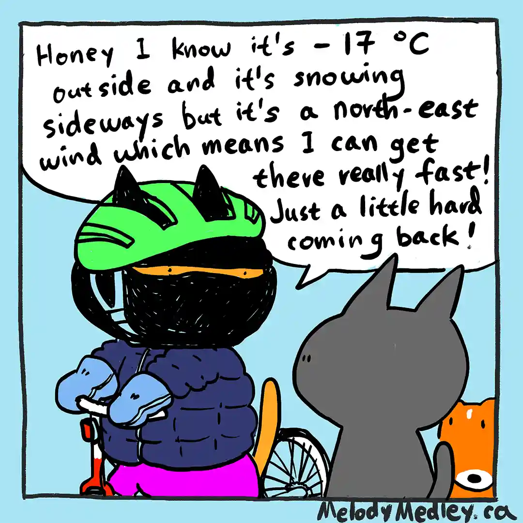 A cartoon cat wearing a green helmet, black face mask, purple puffy jacket, and pink pants is on a scooter, speaking to…