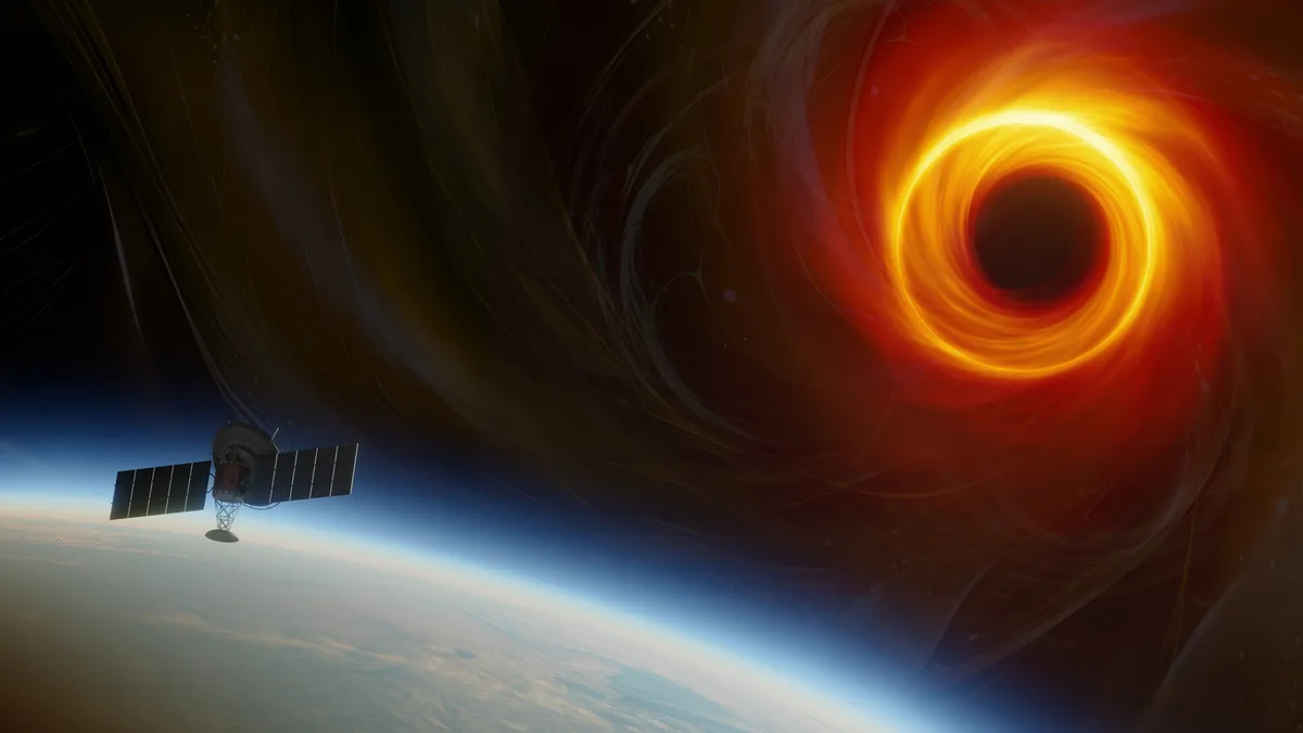 A satellite orbits Earth while a massive, glowing black hole looms in the background, its accretion disk radiating fiery…