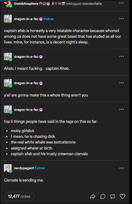 A screenshot of a Tumblr thread where a user humorously claims 'captain afab' is relatable because everyone has a 'great…
