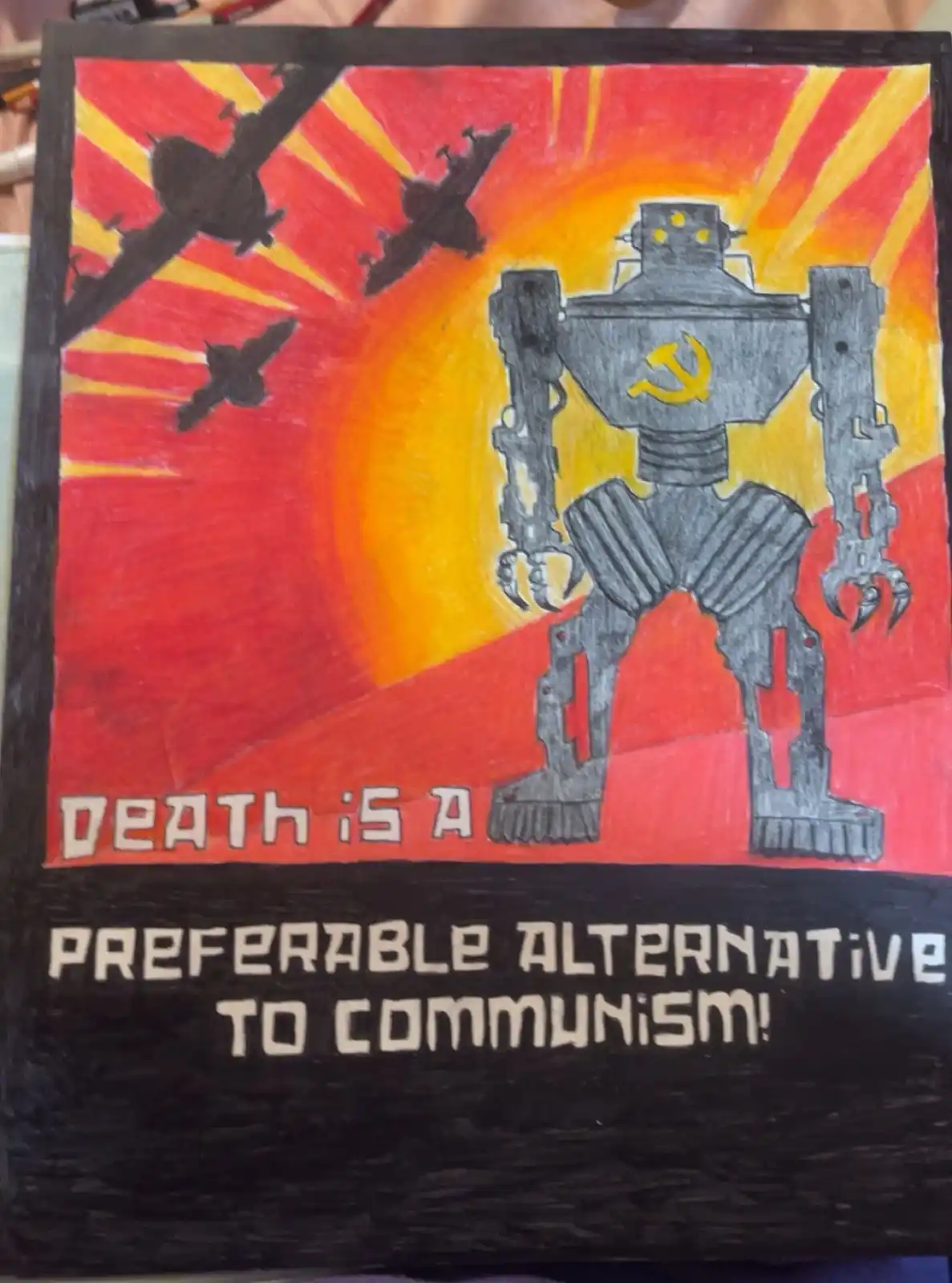 A hand-drawn propaganda-style poster features a large, menacing grey robot with a yellow hammer and sickle emblem on its…