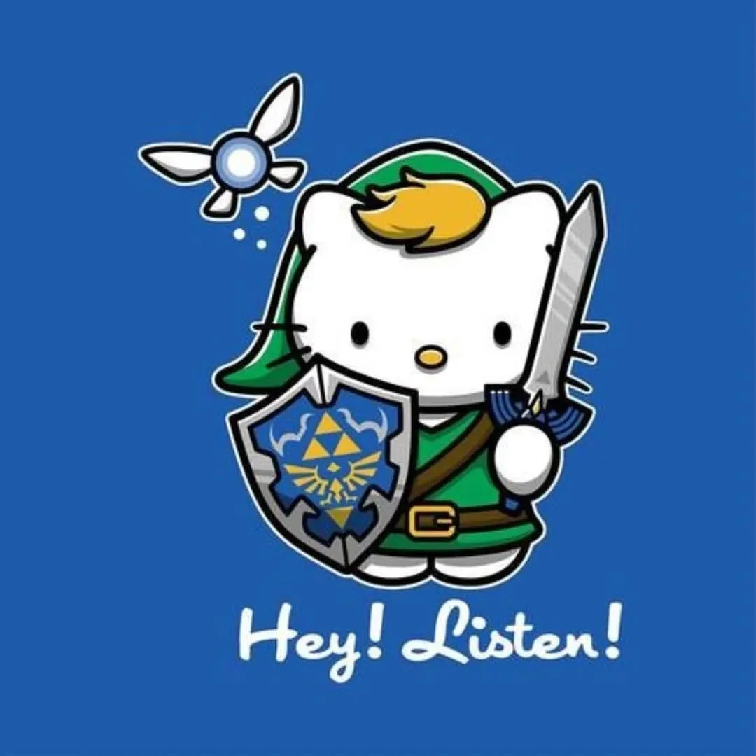 A cartoon Hello Kitty character is dressed as Link from The Legend of Zelda, wearing a green tunic, a pointed green hat with…