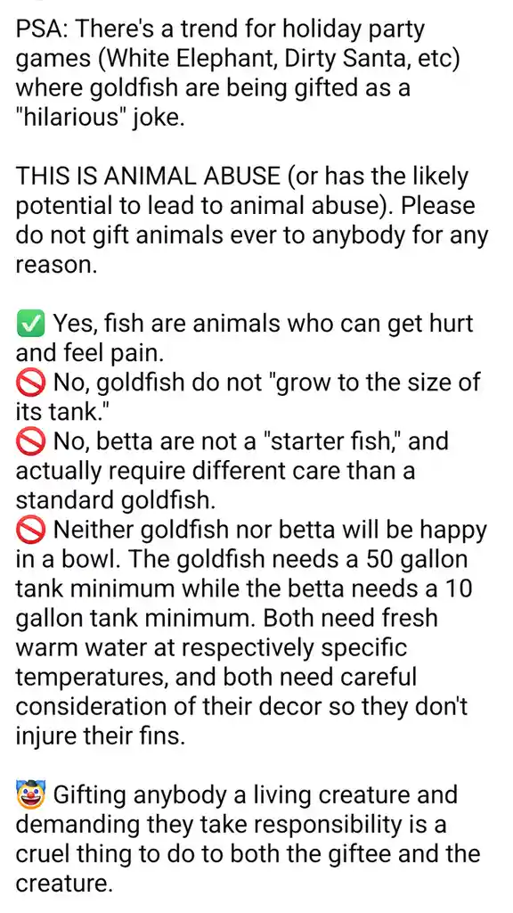 A plain white background with black text formatted as a public service announcement. The text warns against gifting goldfish…