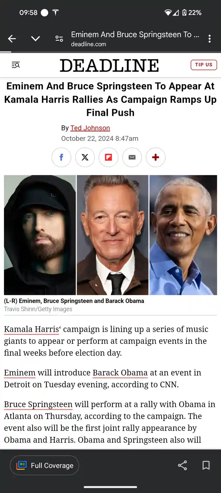 A screenshot of a Deadline.com news article shows a photo of three men: Eminem in a black hoodie and cap, Bruce Springsteen…