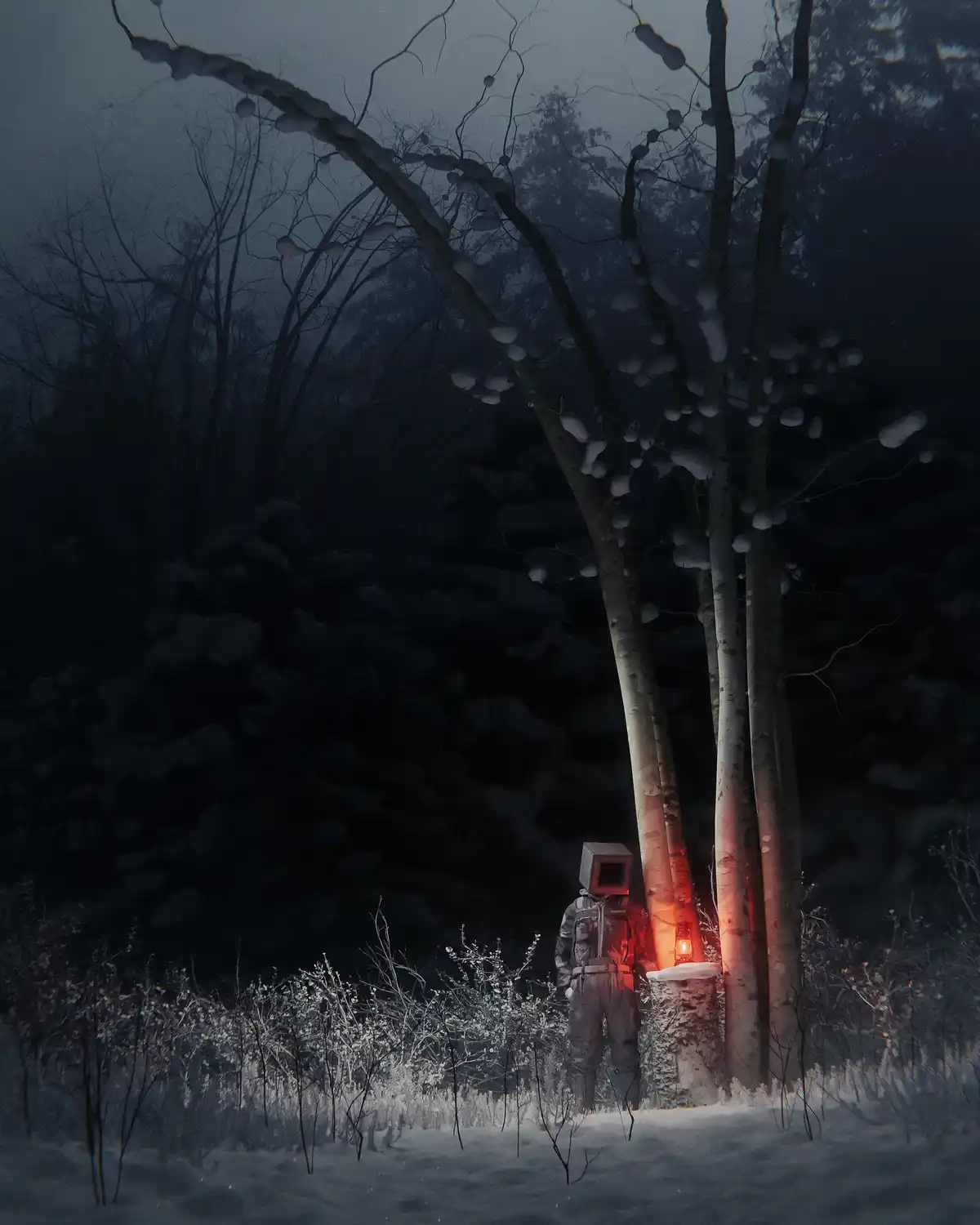 A person wearing a full-body winter suit and a square TV for a head stands in a snowy, dark forest at night, illuminated by…