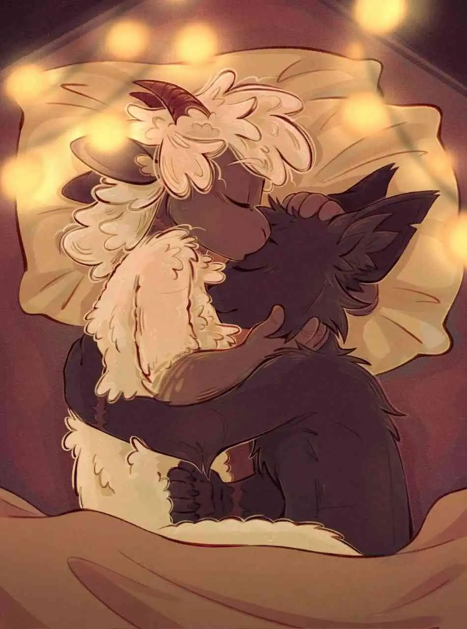 Two anthropomorphic goat-like characters are cuddling in bed under warm, glowing lights. One character with dark fur and…