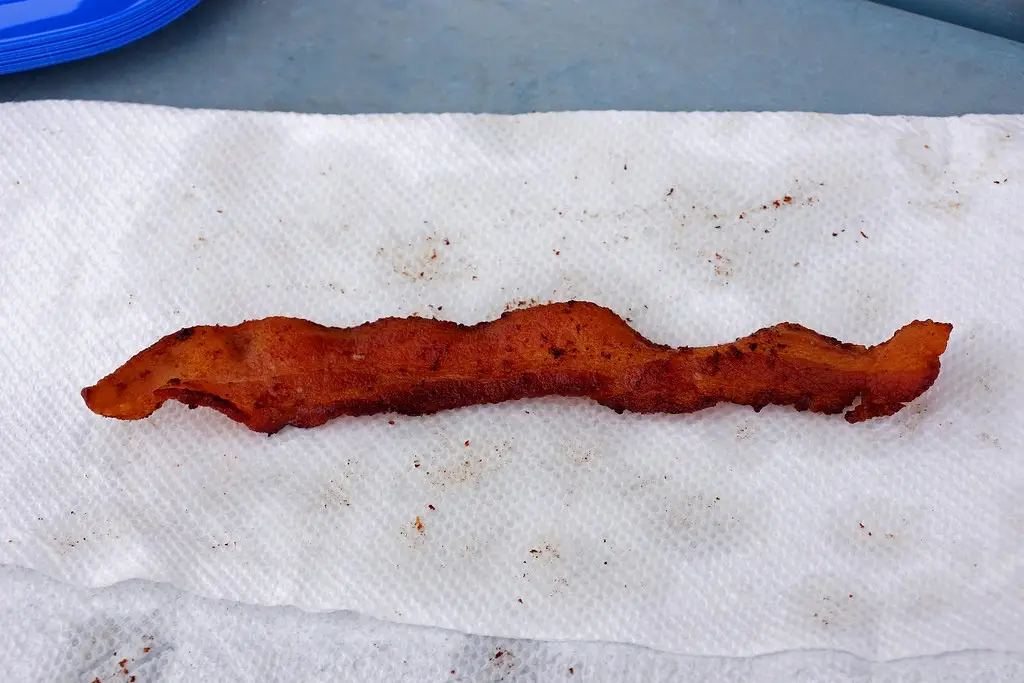 a single strip of crispy, browned bacon rests on a white paper towel, its shape curving slightly and resembling a worm. The…
