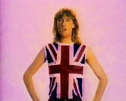 Three panels show a man in a union jack tank top with progressively more exaggerated expressions, paired with three panels…