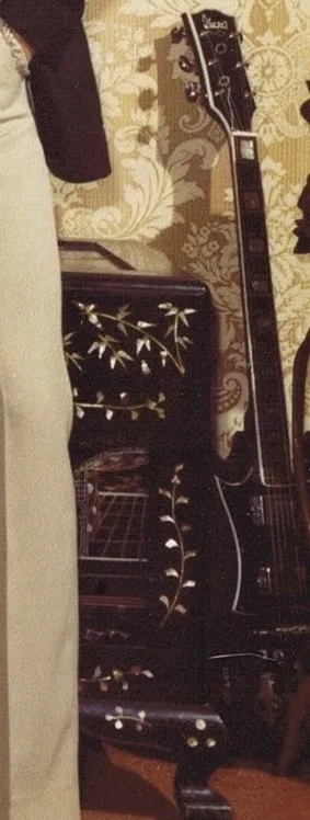 A close-up photo shows a black electric guitar with a headstock labeled 'Ibanez' leaning against an ornate, dark wooden…