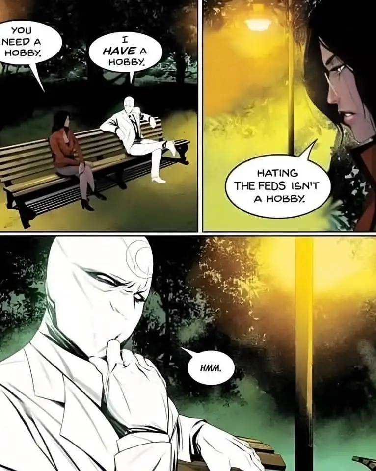 A comic panel shows a woman suggesting a hobby to a masked man, who replies he has one. She clarifies that hating the feds…