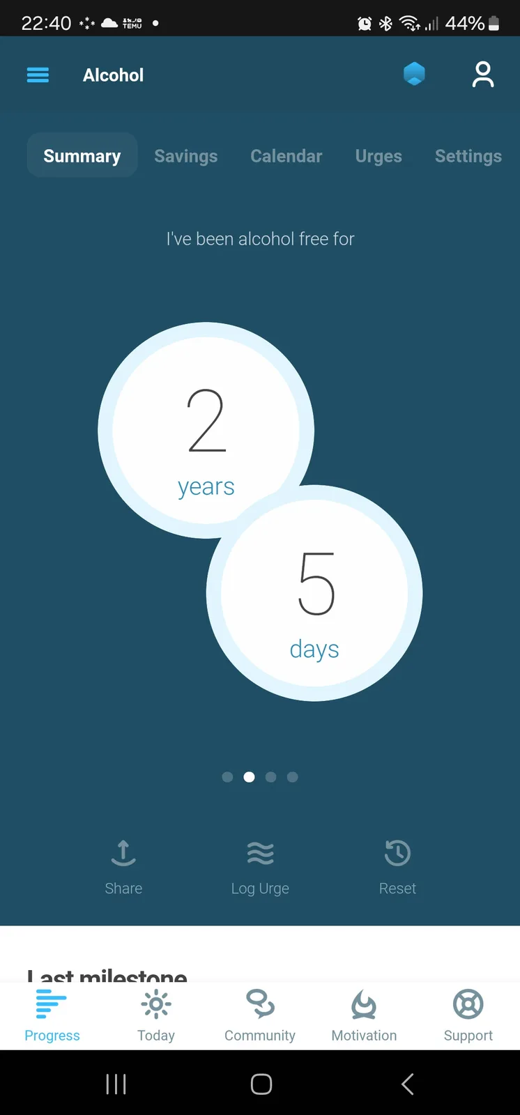 A screenshot of a mobile app's 'Alcohol' tracking screen shows a summary stating 'I've been alcohol free for 2 years 5 days'…