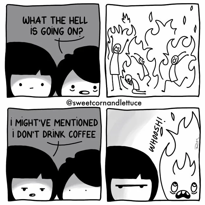 A four-panel comic strip shows two people reacting to a coffee-related incident. The first panel shows them confused, asking…