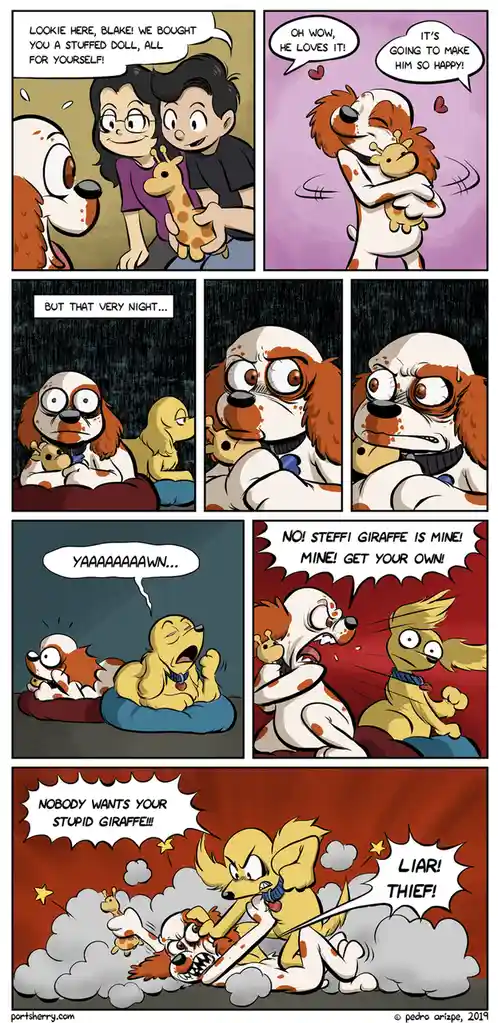 A comic strip shows two humans giving a giraffe stuffed animal to a brown-and-white dog named Blake. Blake happily hugs it…