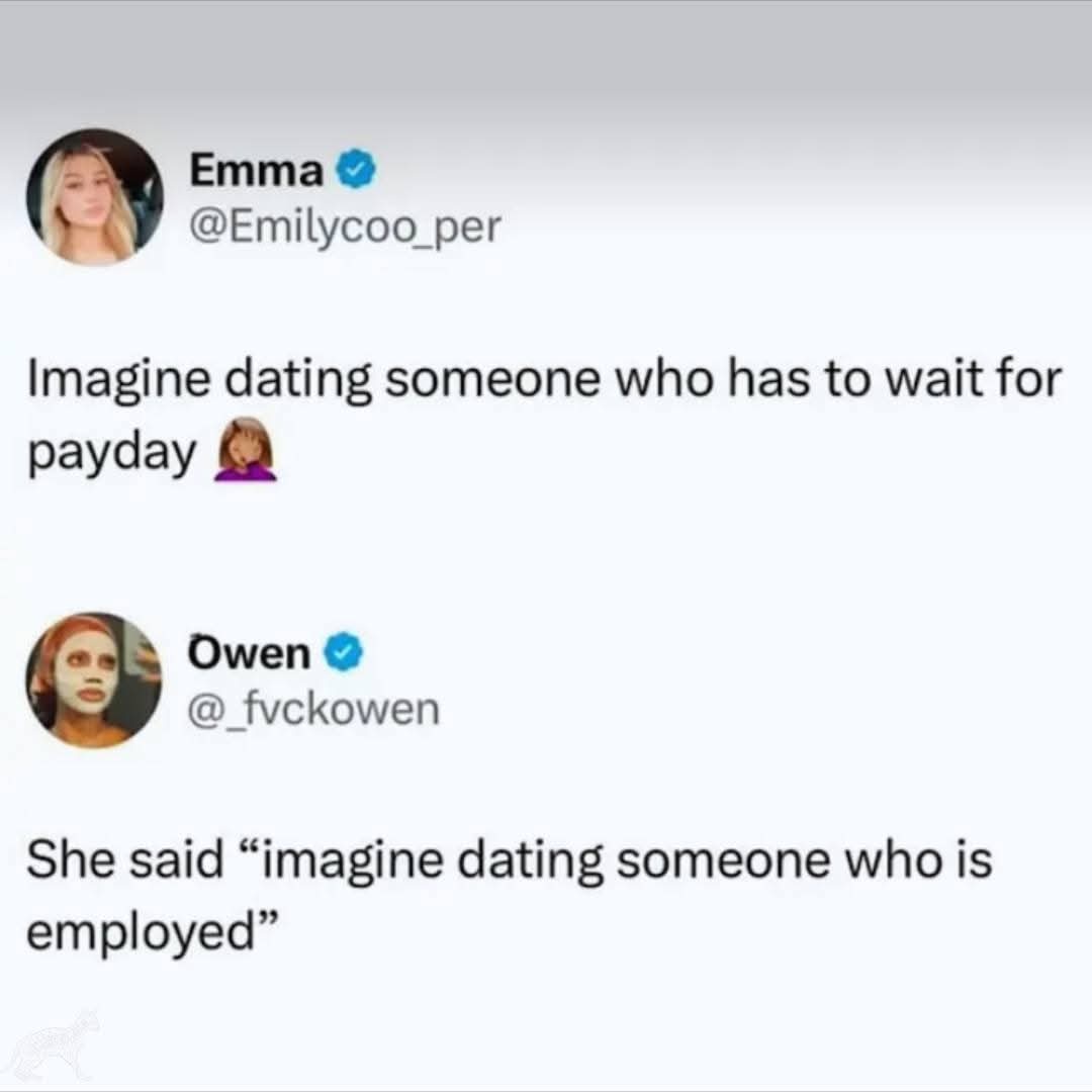 The image shows two Twitter posts. The first, from user Emma (@Emilycoo_per), reads 'Imagine dating someone who has to wait…
