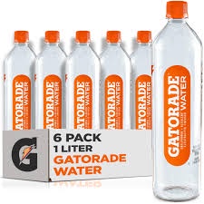 A six-pack of Gatorade Water bottles sits next to a single 1-liter bottle, both featuring the Gatorade logo and orange…
