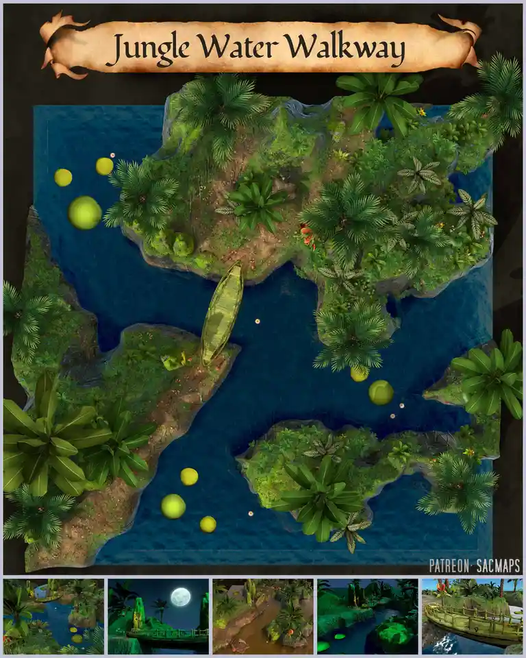 An overhead view of a jungle map titled 'Jungle Water Walkway' showing islands connected by water with a boat and floating…