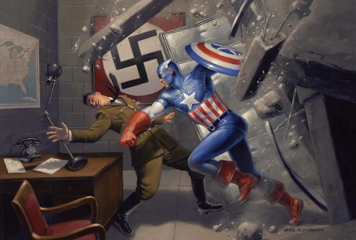 A painted scene shows Captain America in his classic blue, red, and white costume punching a man in a brown Nazi uniform who…