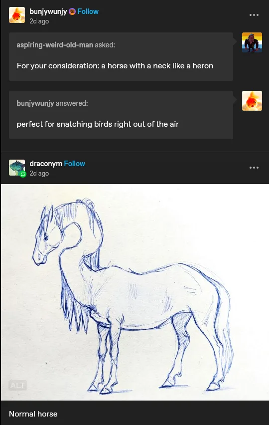 A blue pencil sketch of a horse with an unusually long, curved neck resembling a heron's, drawn on textured paper. Above the…