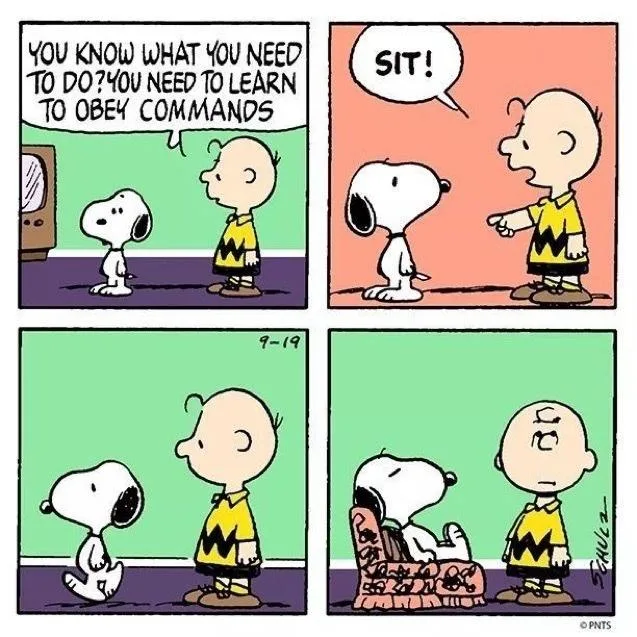 A four-panel Peanuts comic strip shows Charlie Brown telling Snoopy he needs to learn to obey commands, then commanding him…