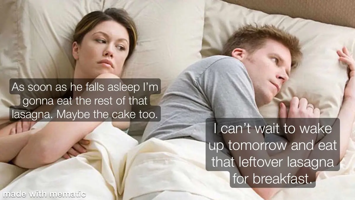 A man and woman lie in bed, facing away from each other. The woman's text bubble says, 'As soon as he falls asleep I'm gonna…