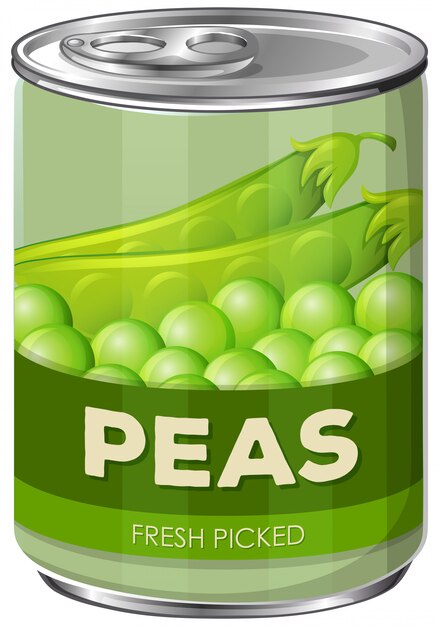 A cartoon-style can of peas with a silver pull-tab lid and green label. The label reads 'PEAS' in large white letters and…