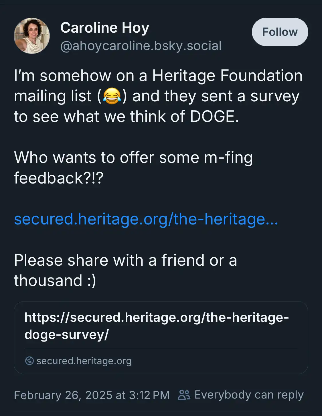 A screenshot of a social media post by Caroline Hoy, who humorously complains about receiving a survey from the Heritage…