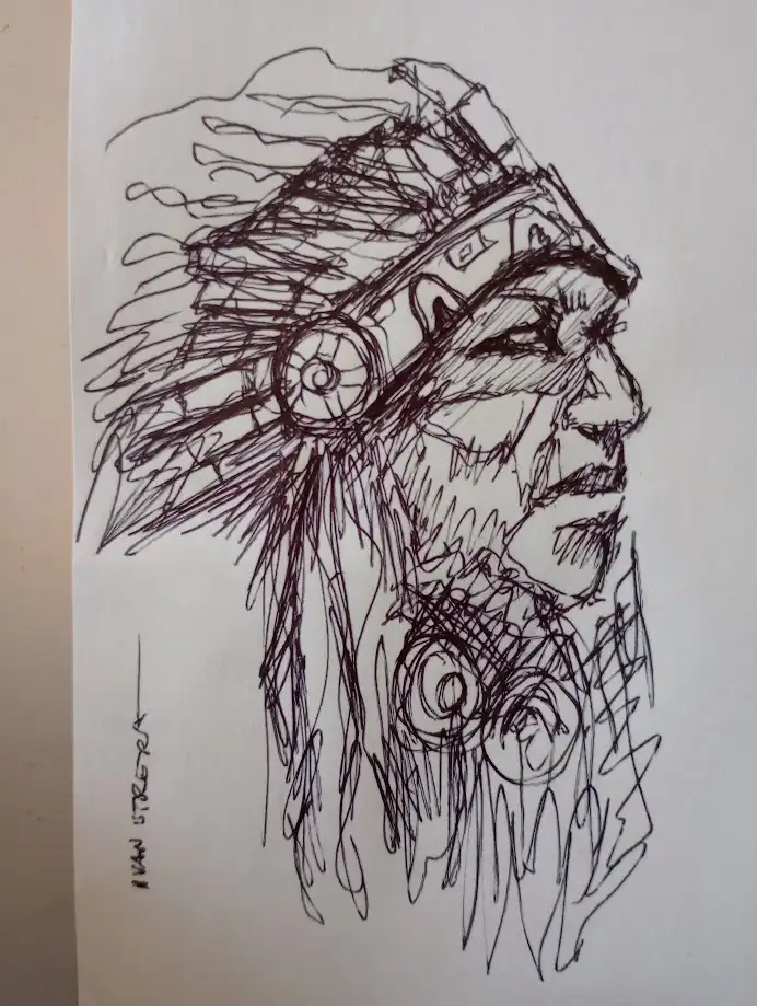 A rough black ink sketch on white paper depicts a person in profile wearing a headdress with feathers and circular…