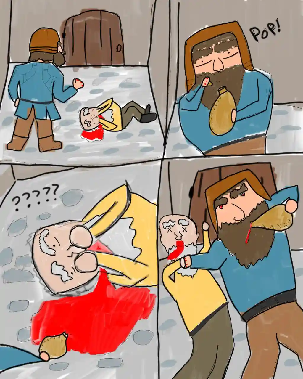 A four-panel comic shows a bearded man in a blue tunic drinking from a flask, then suddenly popping the flask in his mouth…