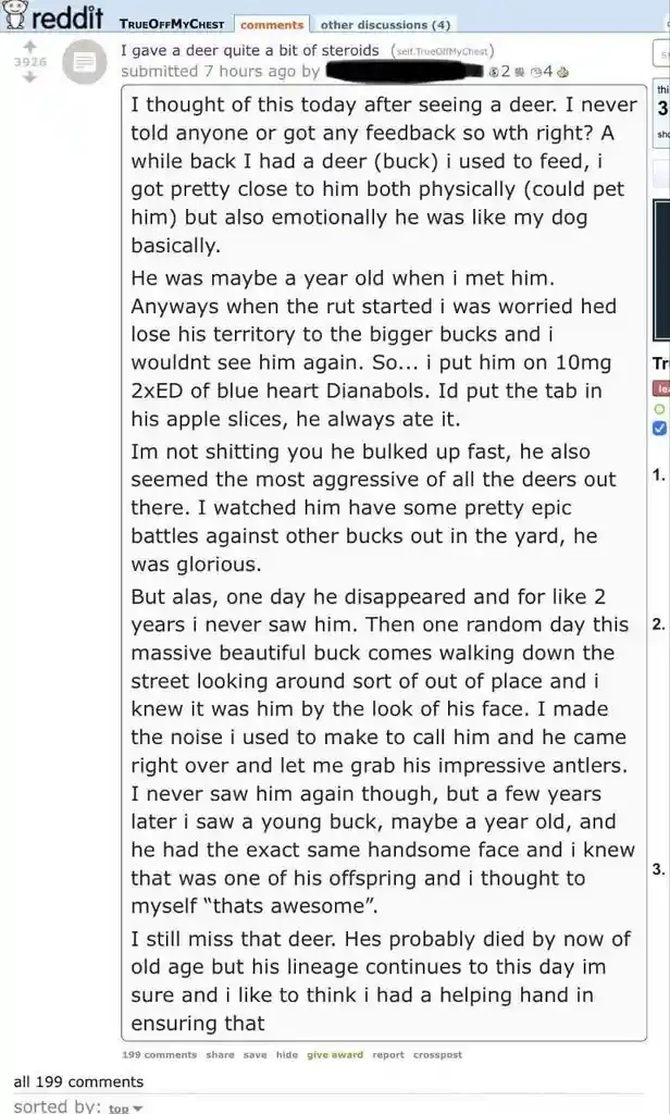 A screenshot of a Reddit post from the 'TrueOffMyChest' subreddit where the user recounts feeding a deer, giving it anabolic…