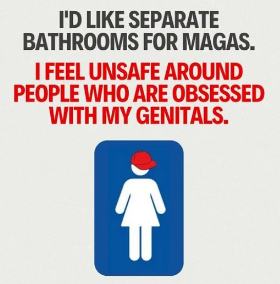 The image displays a standard blue female restroom sign featuring a white silhouette of a woman wearing a red baseball cap…