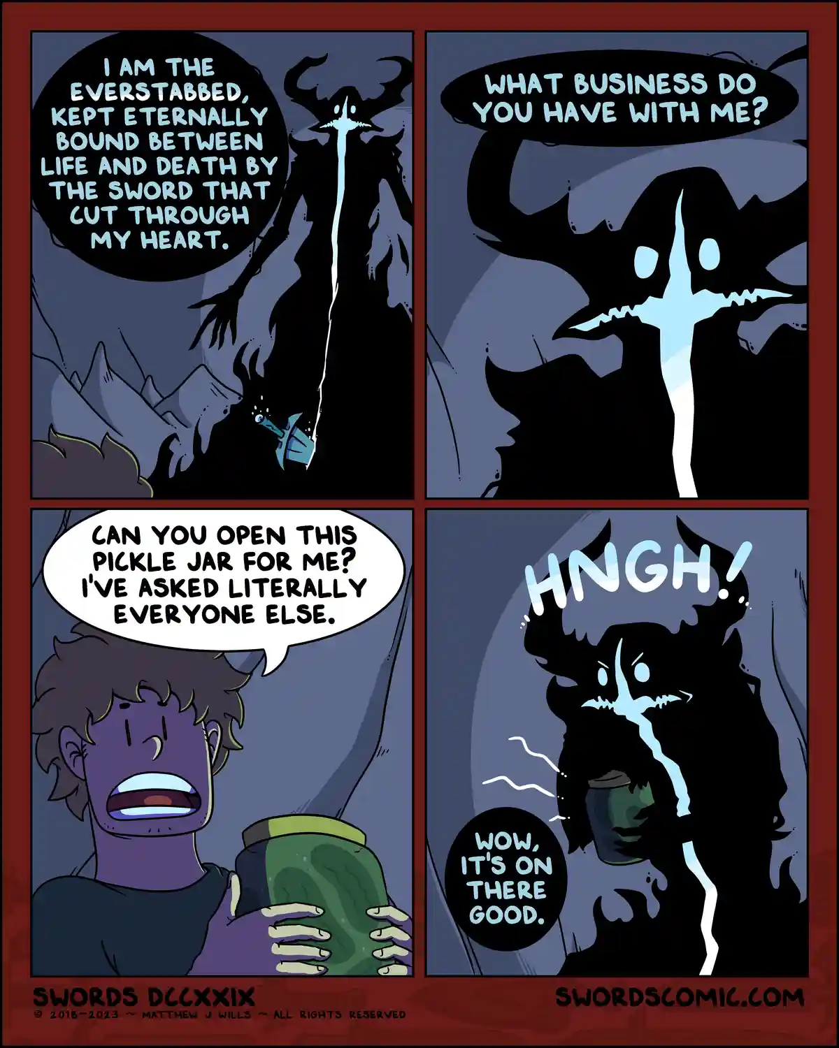 A four-panel comic strip shows a dark, horned, sword-wielding entity introducing itself as the 'Everstabbed' bound between…