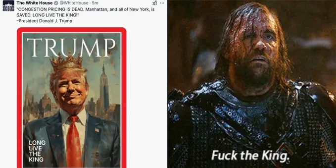 The image displays a split-screen. On the left, a digitally altered magazine cover shows Donald Trump wearing a crown over…