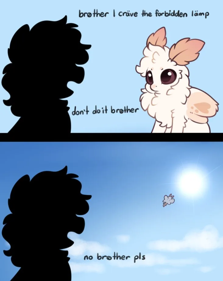 A two-panel comic shows a fluffy white creature with large eyes pleading with a black silhouette to not touch the 'forbidden…