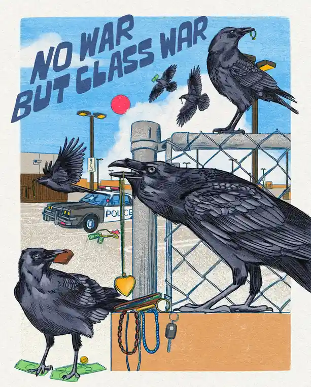 An illustrated image shows several black crows in an urban setting, with one crow holding a gold ring, another holding a…