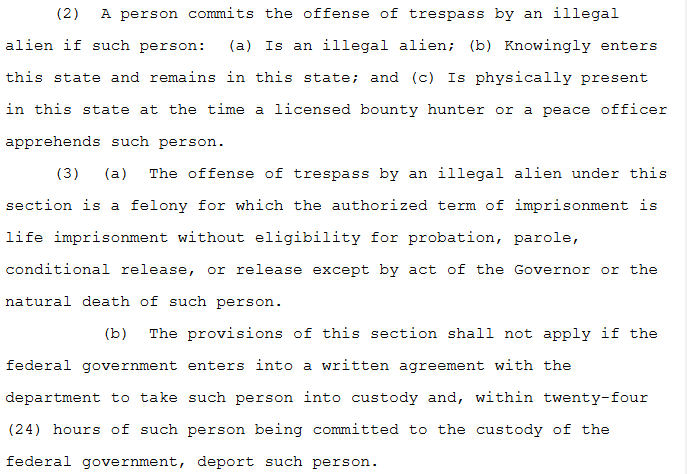 The image displays a legal text excerpt defining the offense of trespass by an illegal alien, specifying that it is a felony…