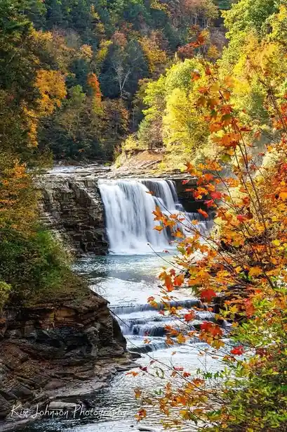 A serene autumn landscape featuring a multi-tiered waterfall cascading over layered rock formations, surrounded by dense…