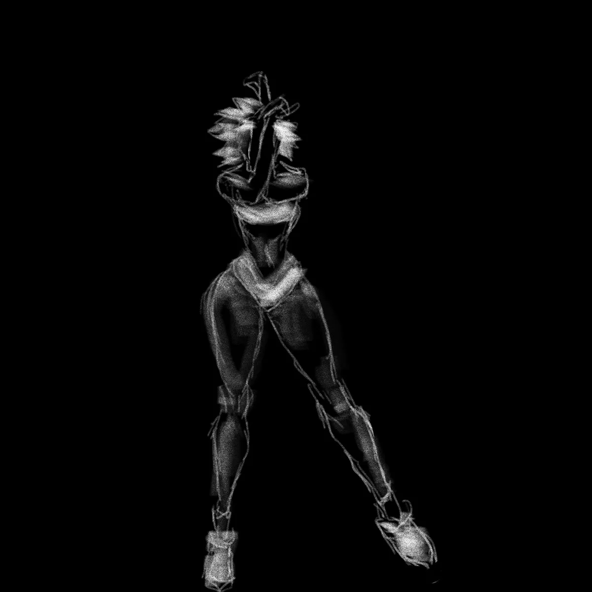 A black-and-white, sketch-style drawing of a tall, thin humanoid figure with spiky hair, a wide collar, and claw-like hands…