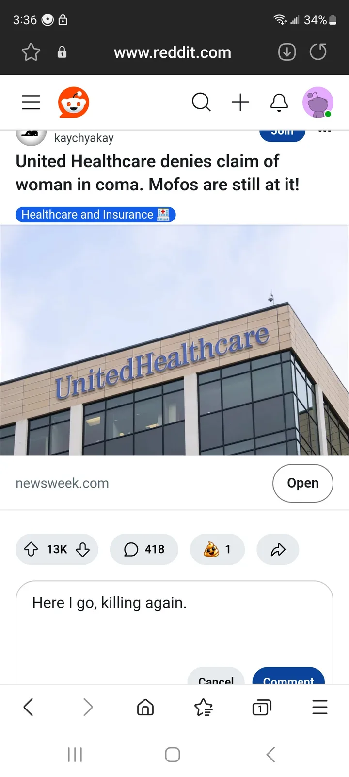 A screenshot of a Reddit post showing a photo of a UnitedHealthcare building with overlaid text stating 'United Healthcare…