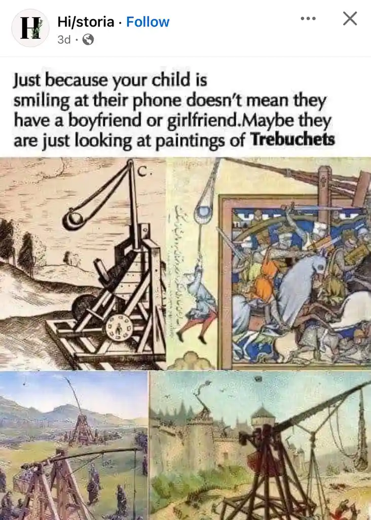 The image is a collage of four medieval-style illustrations depicting trebuchets, large siege engines. Overlaid text…