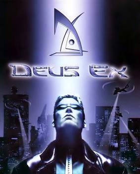 A promotional image for the video game 'Deus Ex' featuring a man in a dark leather jacket looking upward against a…