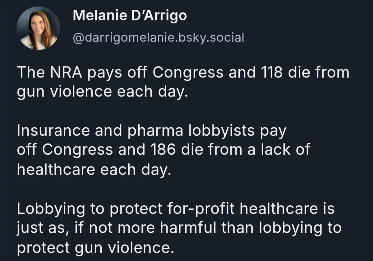 A screenshot of a social media post by Melanie D'Arrigo showing three paragraphs of text comparing daily deaths from gun…