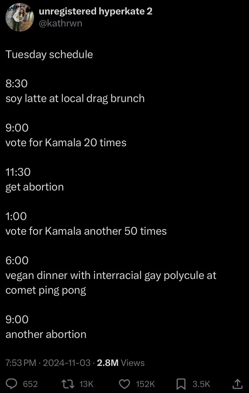 A screenshot of a social media post displaying a fictional 'Tuesday schedule' with times and activities including 'soy latte…