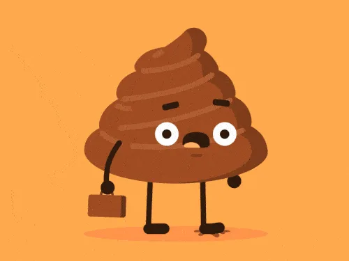 A cartoon poop emoji with arms and legs walks confidently, then drops a small brown poop on the floor, then looks down at it…