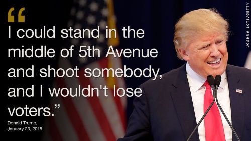A photo of Donald Trump smiling at a podium with an American flag behind him. Overlaid white text quotes him saying, 'I…