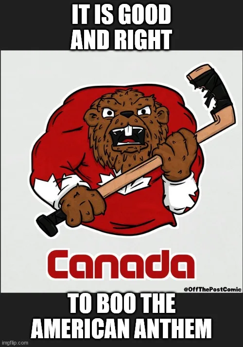 A cartoon beaver wearing a red Canadian flag cape and white gloves holds a hockey stick, looking angry. The text reads 'IT…