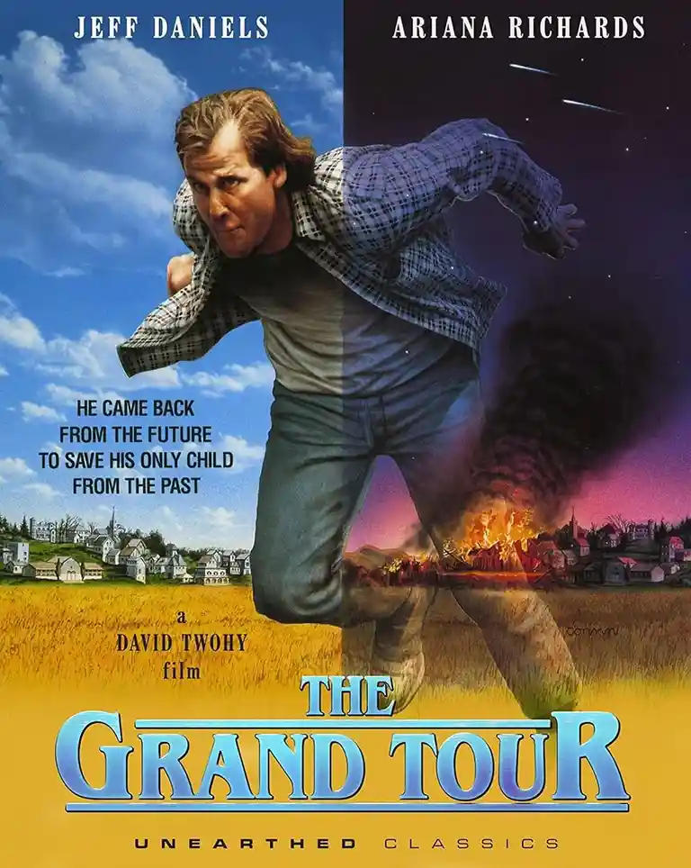 A movie poster for 'The Grand Tour' shows actor Jeff Daniels running across a field, split vertically. The left side depicts…