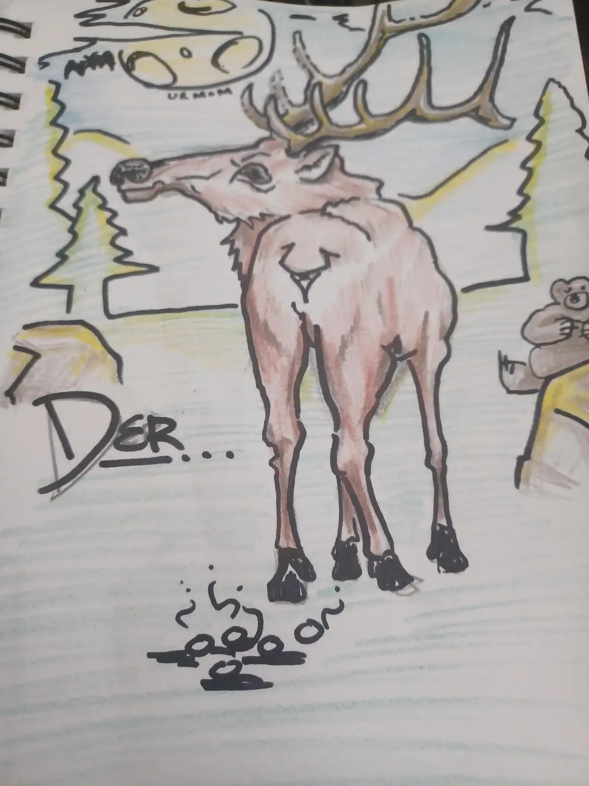 A hand-drawn cartoon depicts a large deer with antlers standing in a snowy forest, looking down at a pile of poop on the…