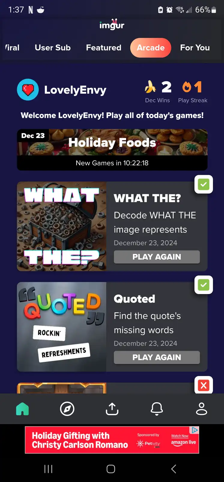 An Imgur Arcade game screen shows a completed 'WHAT THE?' puzzle featuring a treasure chest overflowing with nuts and bolts…