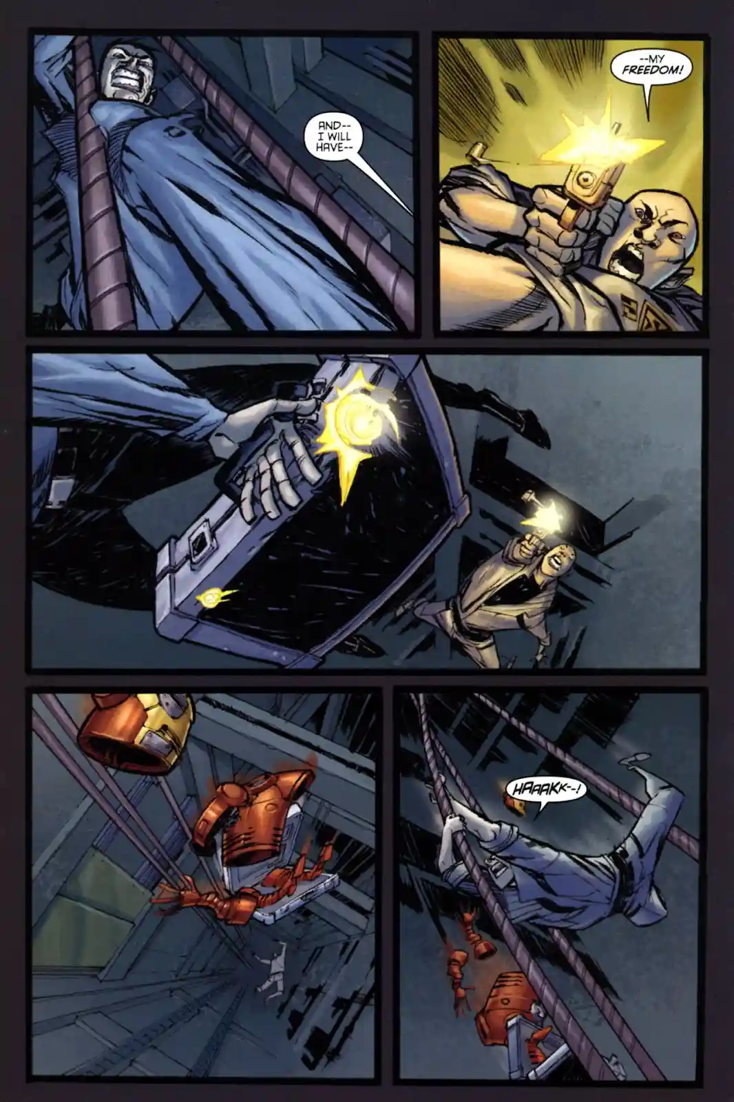 A comic book panel sequence shows a man in a blue robe firing a glowing pistol at another man, shouting 'AND-- I WILL…